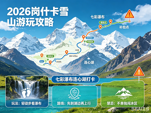 2026岗什卡雪山游玩攻略｜七彩瀑布连心湖打卡，徒步登山玩法及禁忌全解